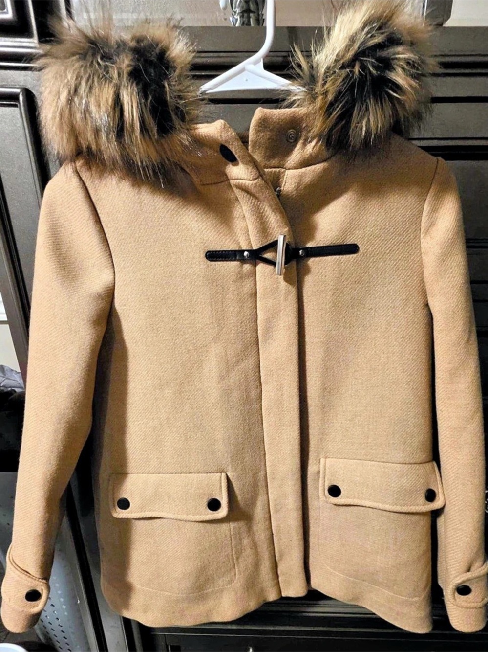 Zara Wool Hooded Toggle Jacket Brown Size Medium NWT